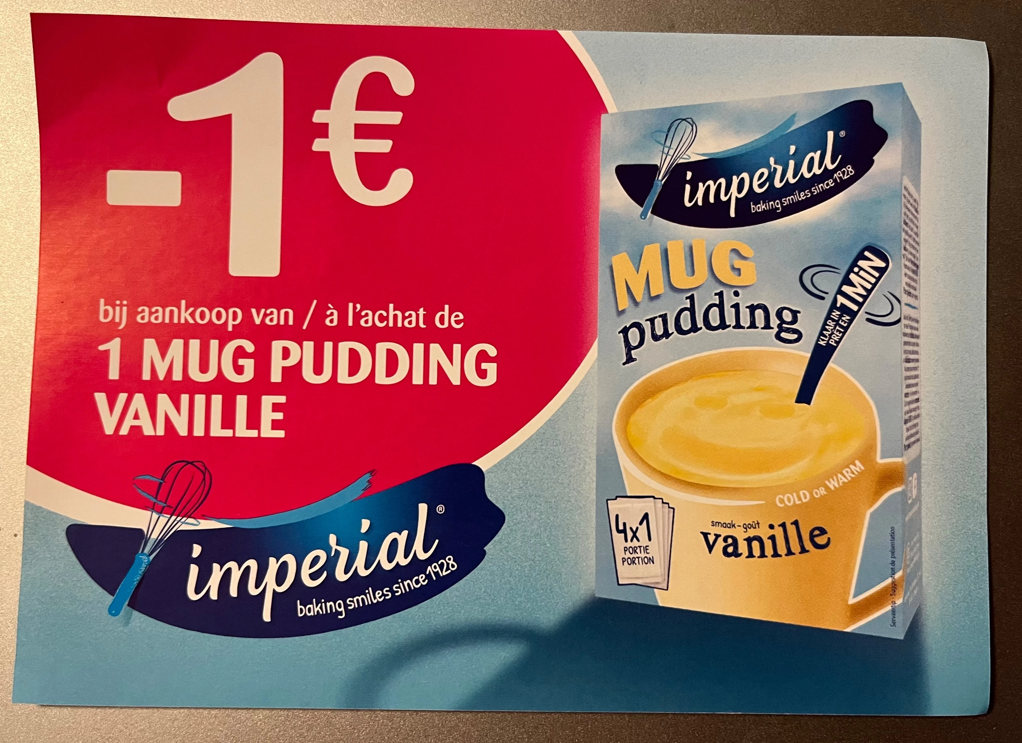 Coupon -1€ voor 1 doosje Imperial mug pudding vanille bij Collect en go