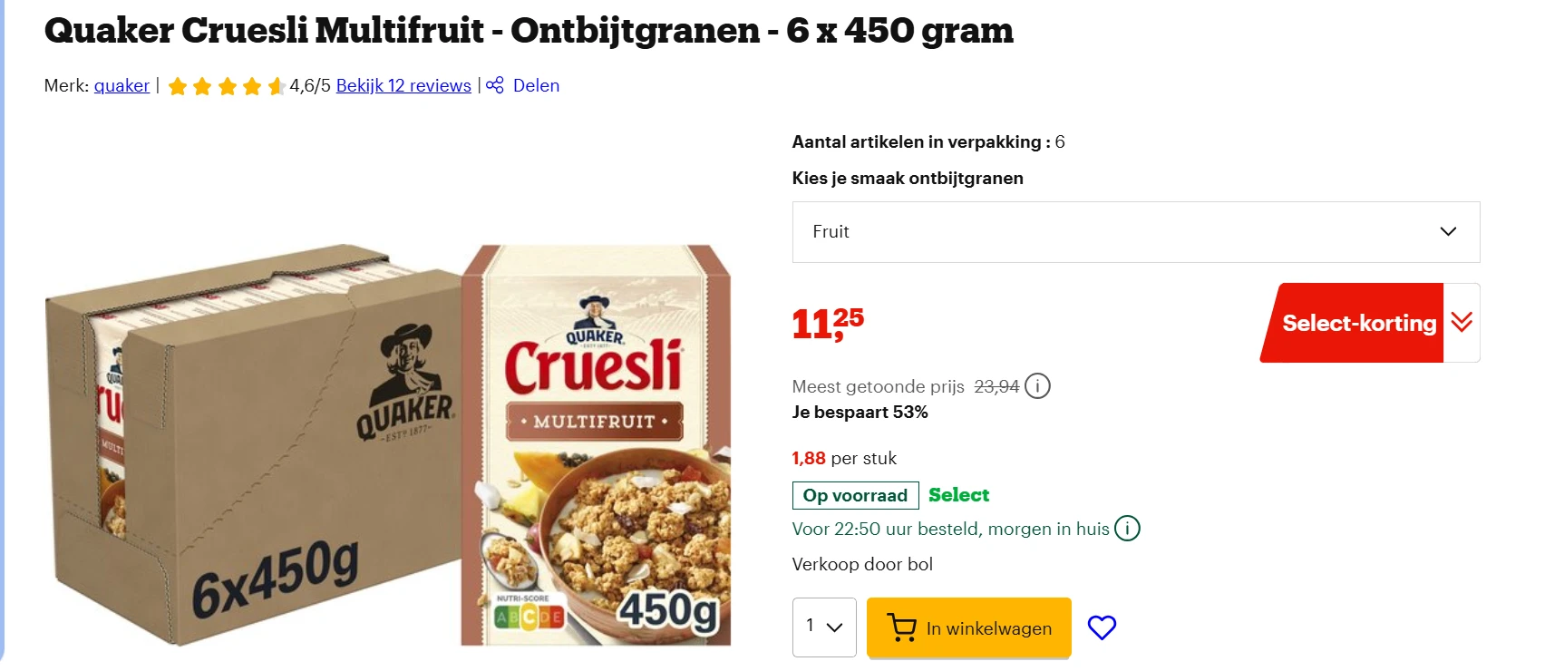 ontbijtgranen 6 x450gr bij bol erg goedkoop