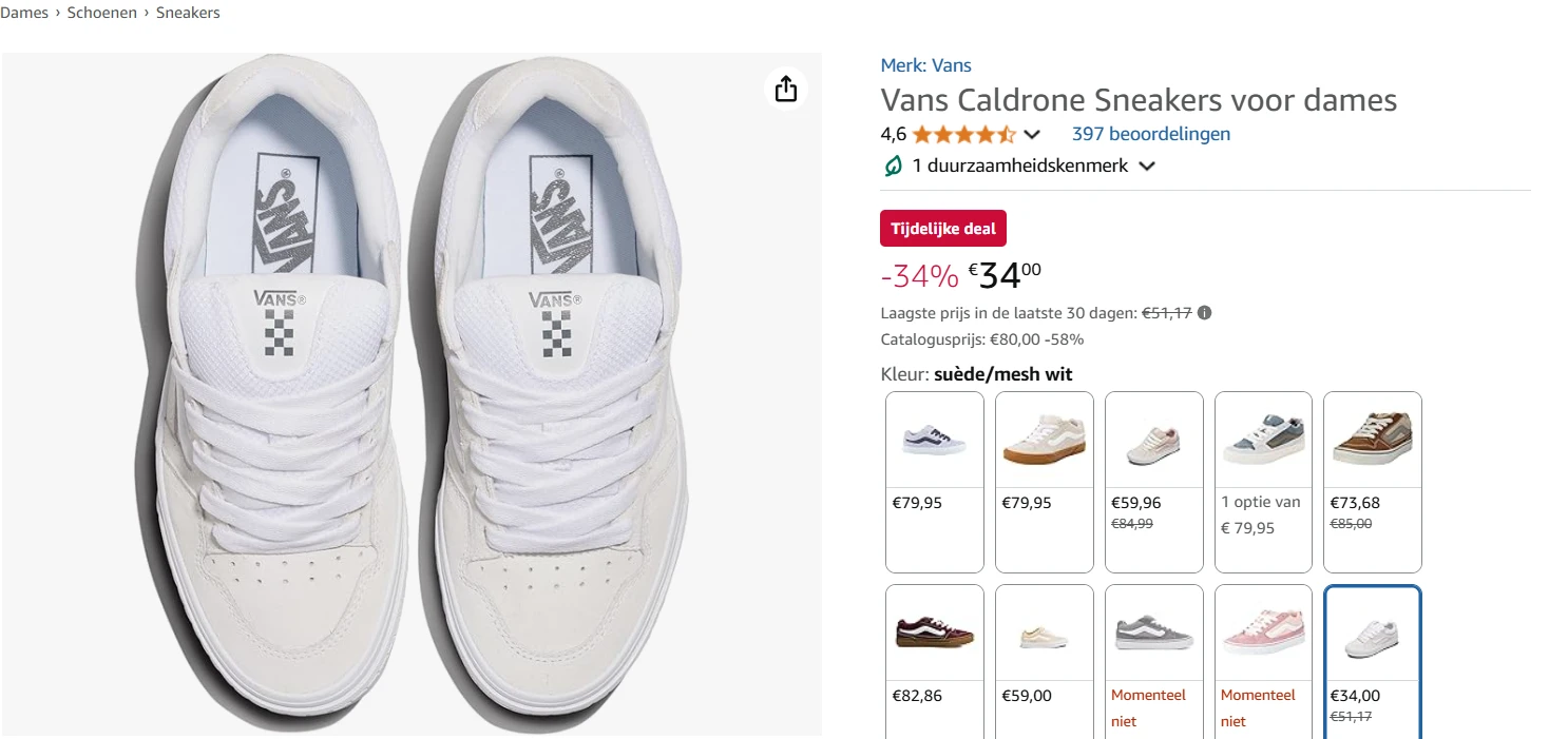 Vans witte dames sneakers voor 34€ enkel nog in maat 41 verkrijgbaar