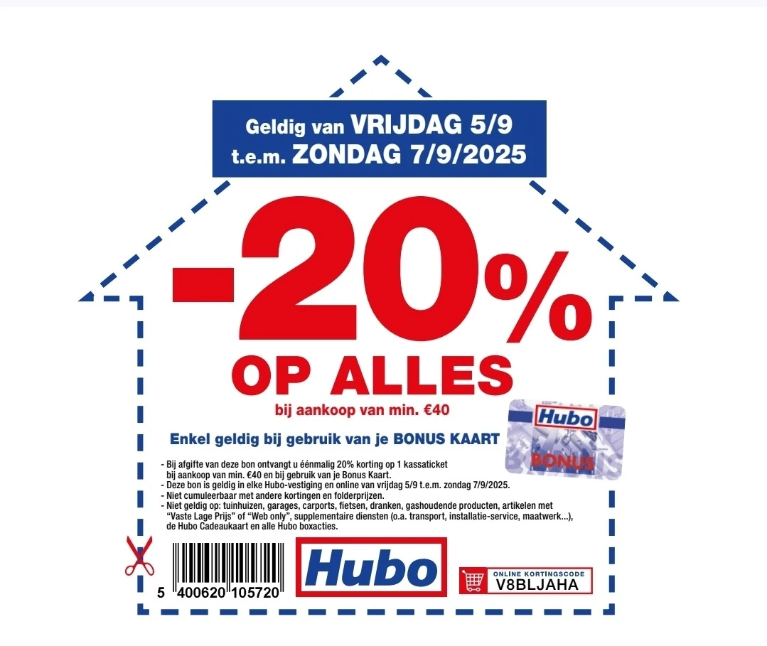 20% korting op alles bij Hubo 🥳