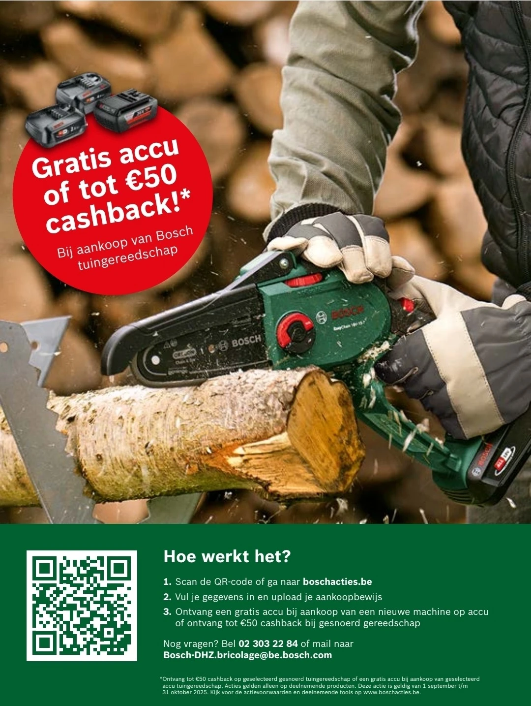 Gratis accu of tot €50 cashback op Bosch tuingereedschap