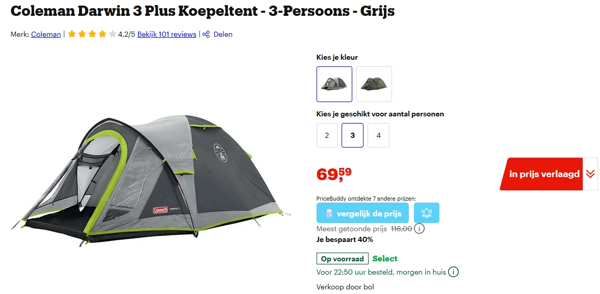 Coleman Darwin 3 Plus Koepeltent voor €69.59 ipv €116 bij Bol