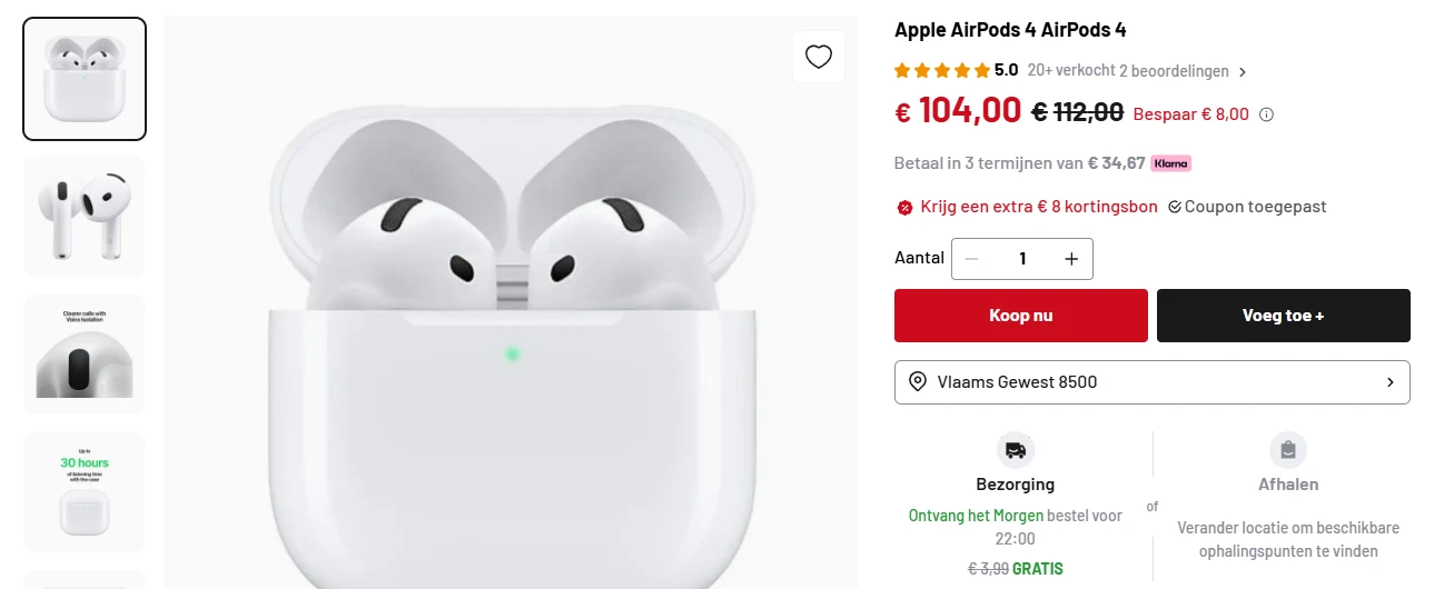 Apple Airpods 4 voor €104 bij Joybuy