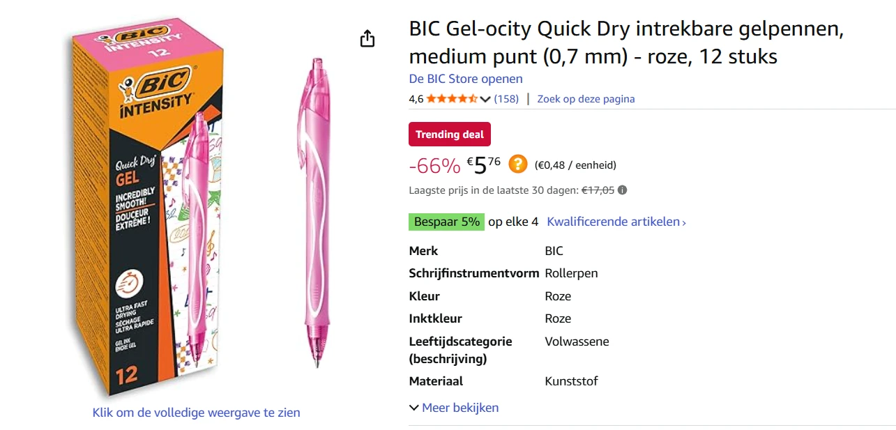 BIC Gel-ocity Quick Dry intrekbare gelpennen, medium punt (0,7 mm) - roze, 12 stuks