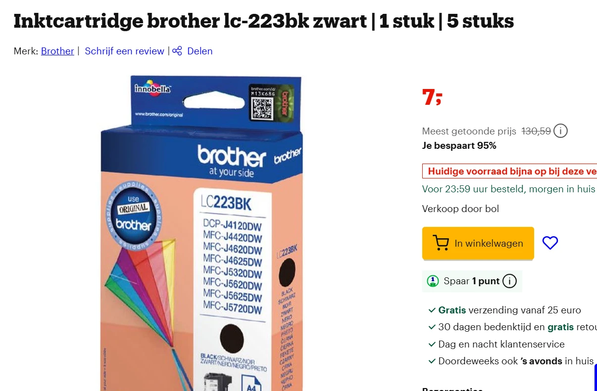 Inktcartridge brother lc-223bk bij bol