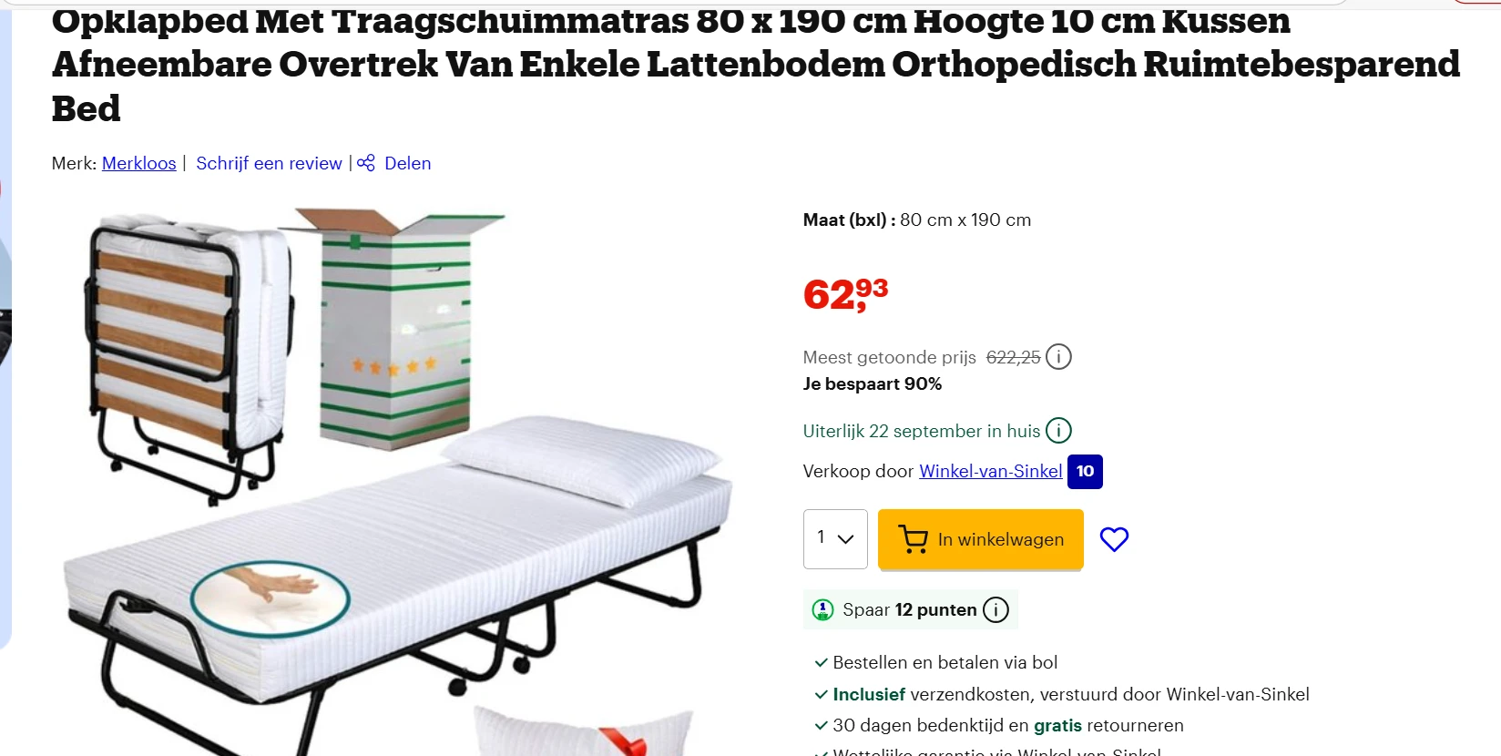 Opklapbed Met Traagschuimmatras 1 persoons