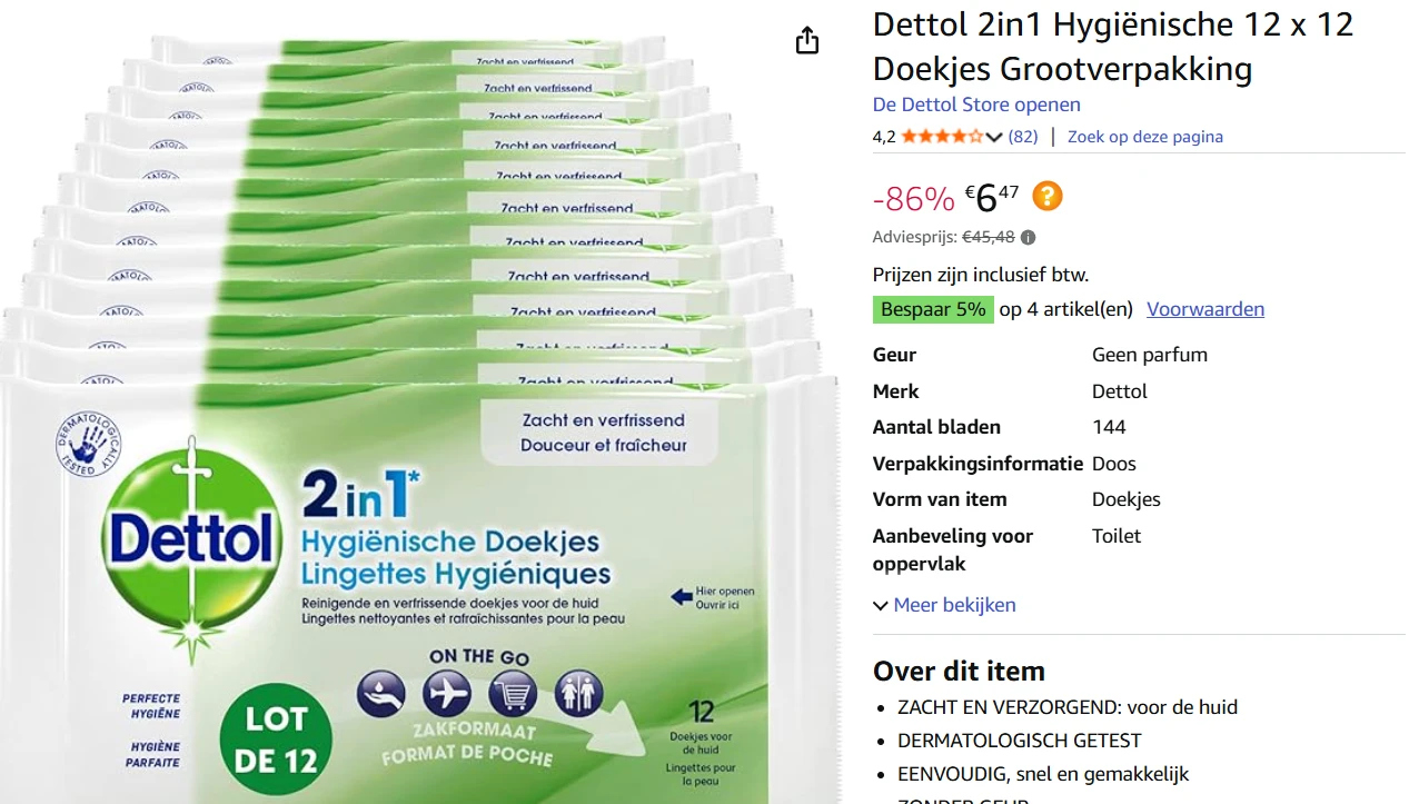 Dettol 2in1 Hygiënische 12 x 12 Doekjes Grootverpakking