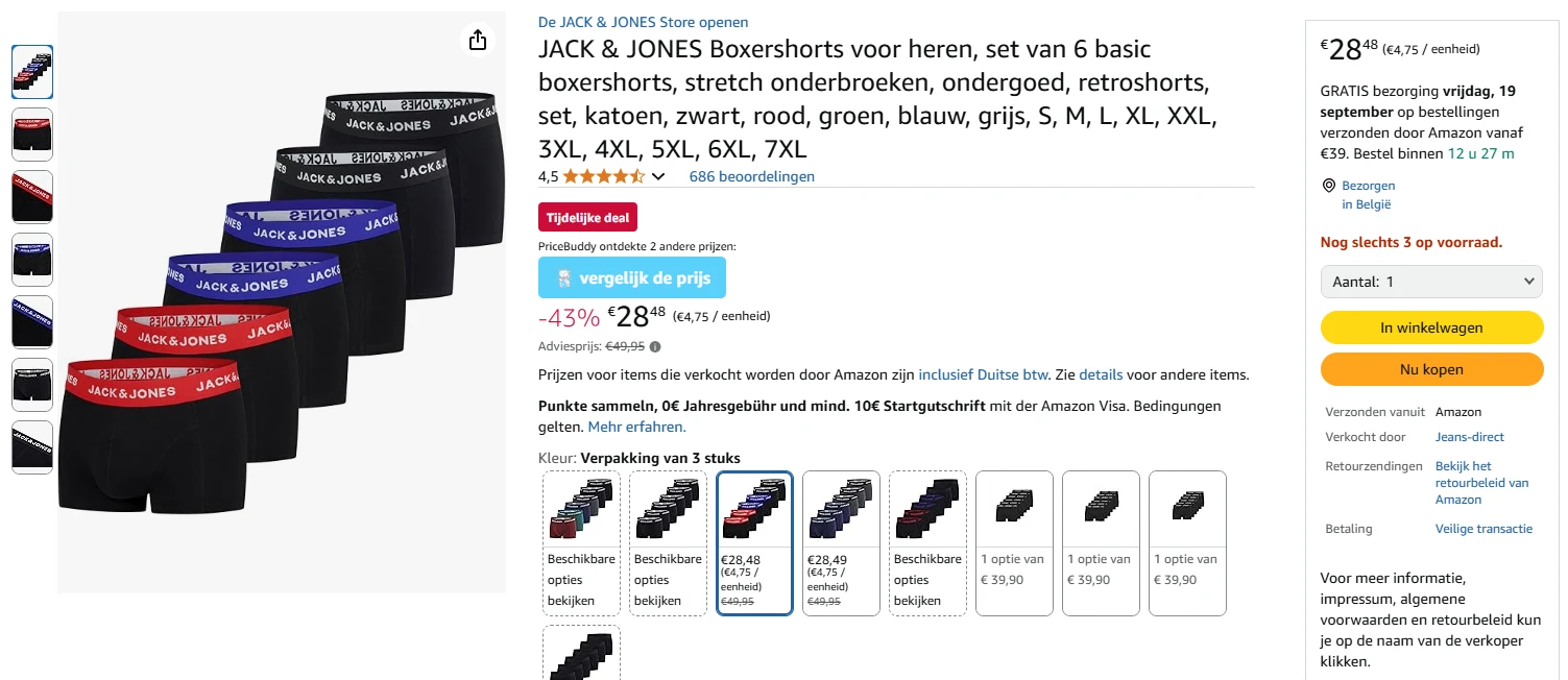 JACK & JONES Boxershorts voor heren, set van 6 voor €28.48 ipv €49.95 bij Amazon DE