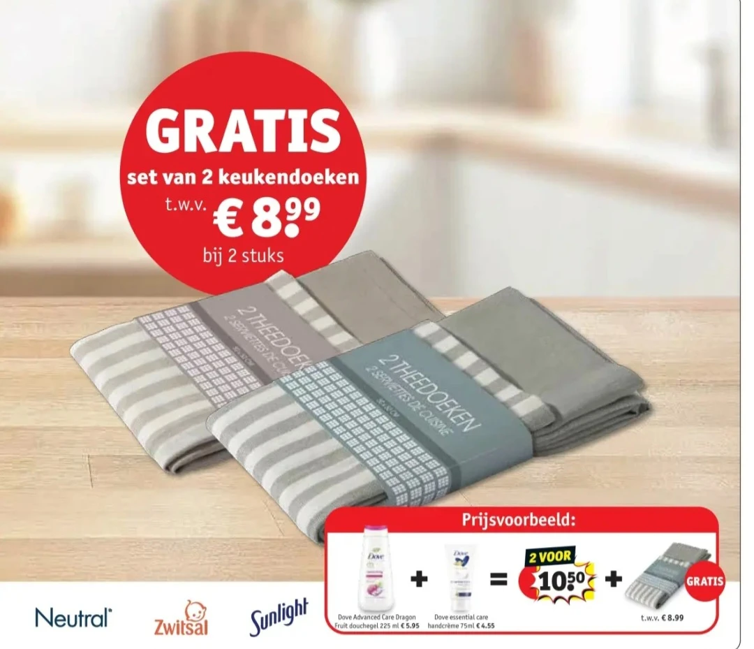 Gratis set van 2 keukenhanddoeken t.w.v. €8,99