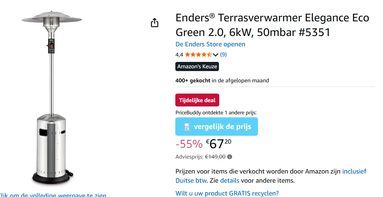 Terrasverwarmer voor €62,20 ipv €149 bij Amazon DE