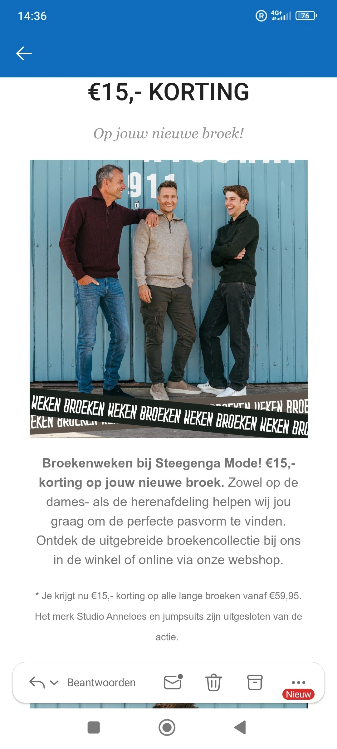 €15 korting op broeken bij Steegenga mode