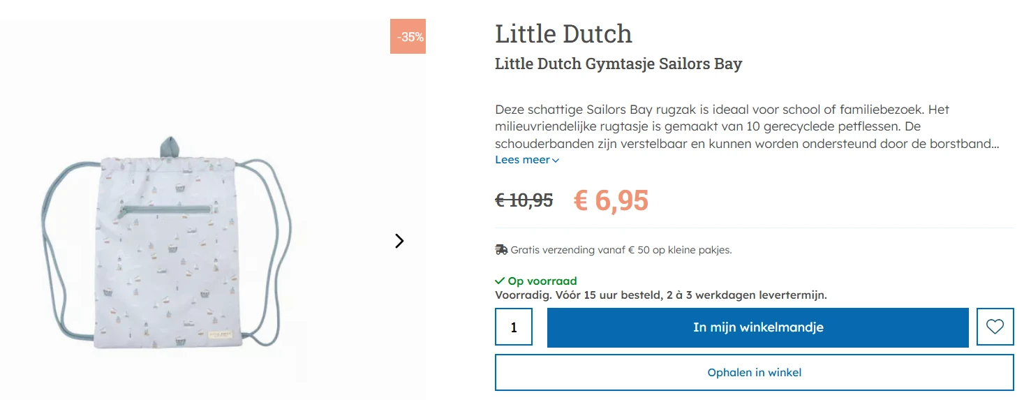 Sportzakje/Rugzakje Little Dutch met 35% voordeel
