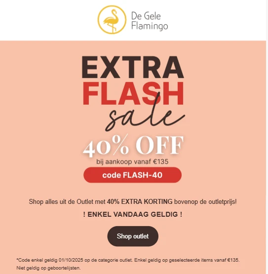 -40% extra op outletprijs bij De Gele Flamingo
