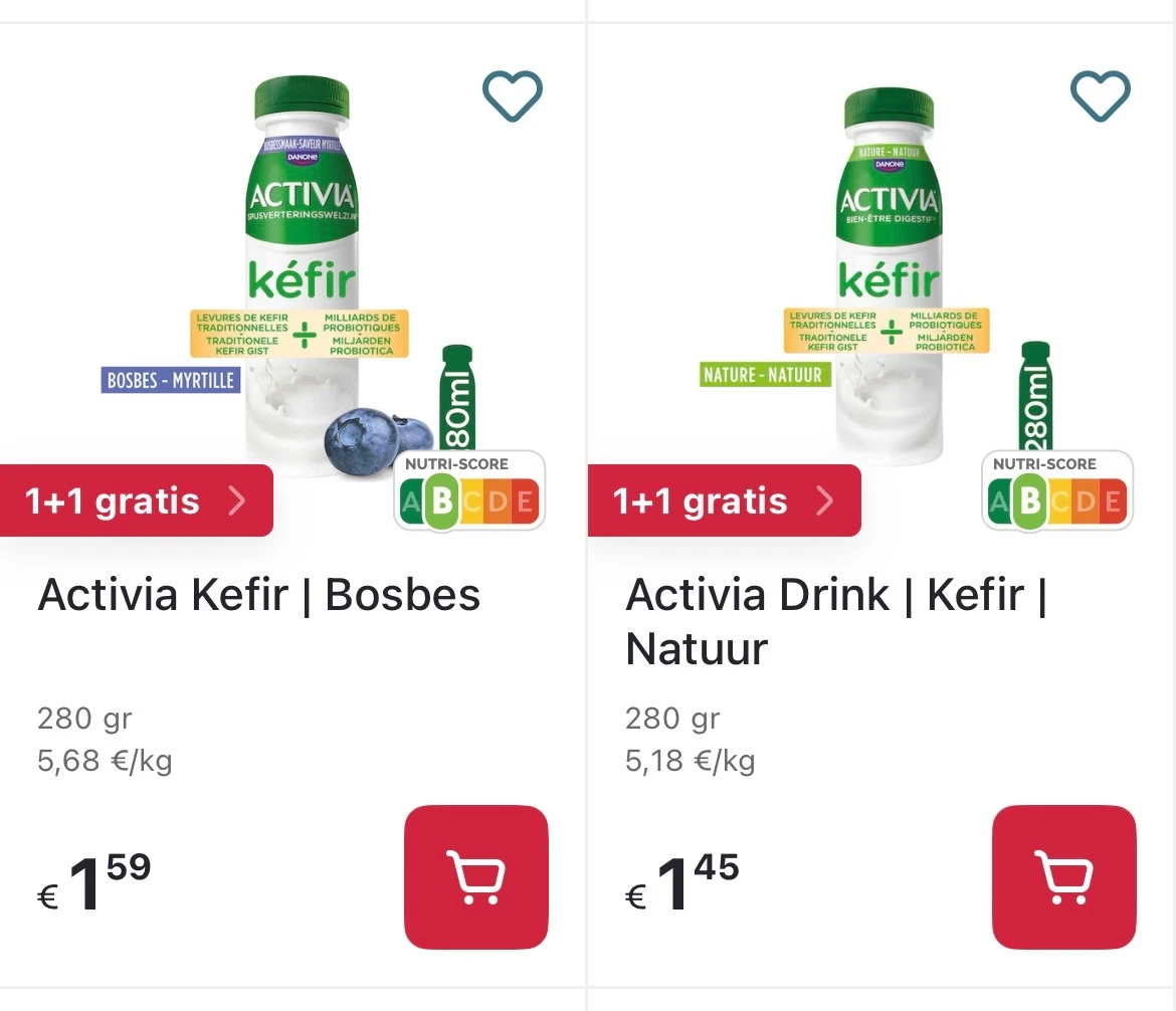 Activia kefir 280 gram 1+1 gratis + bon bij Delhaize