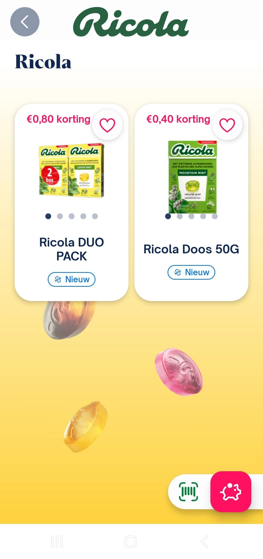 ricola duo-pack -€0,80, ricola doos 50g -€0,40