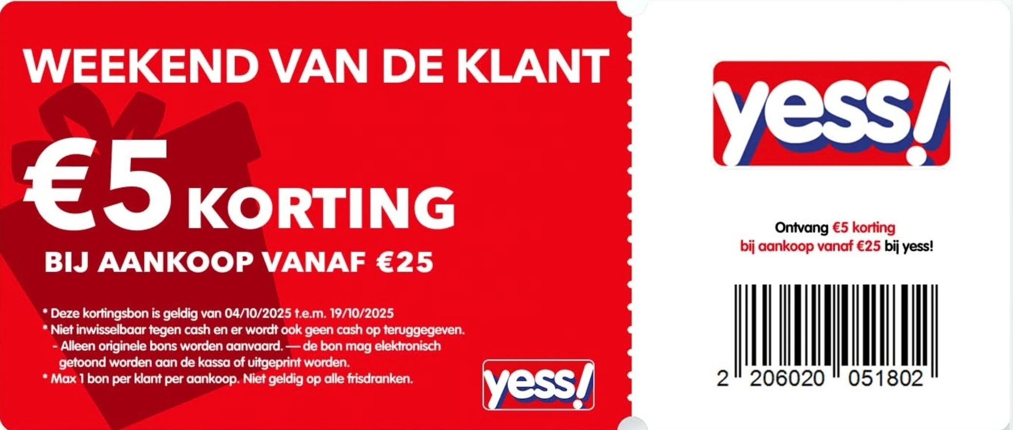 €5 korting bij een aankoop vanaf €25 bij Yess!