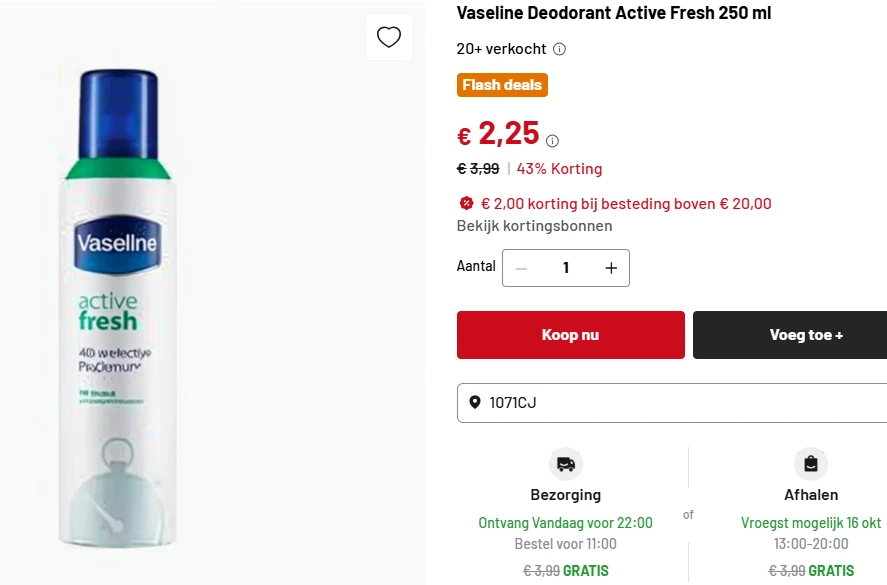 Vaseline Deodorant Active Fresh 250 ml -43%