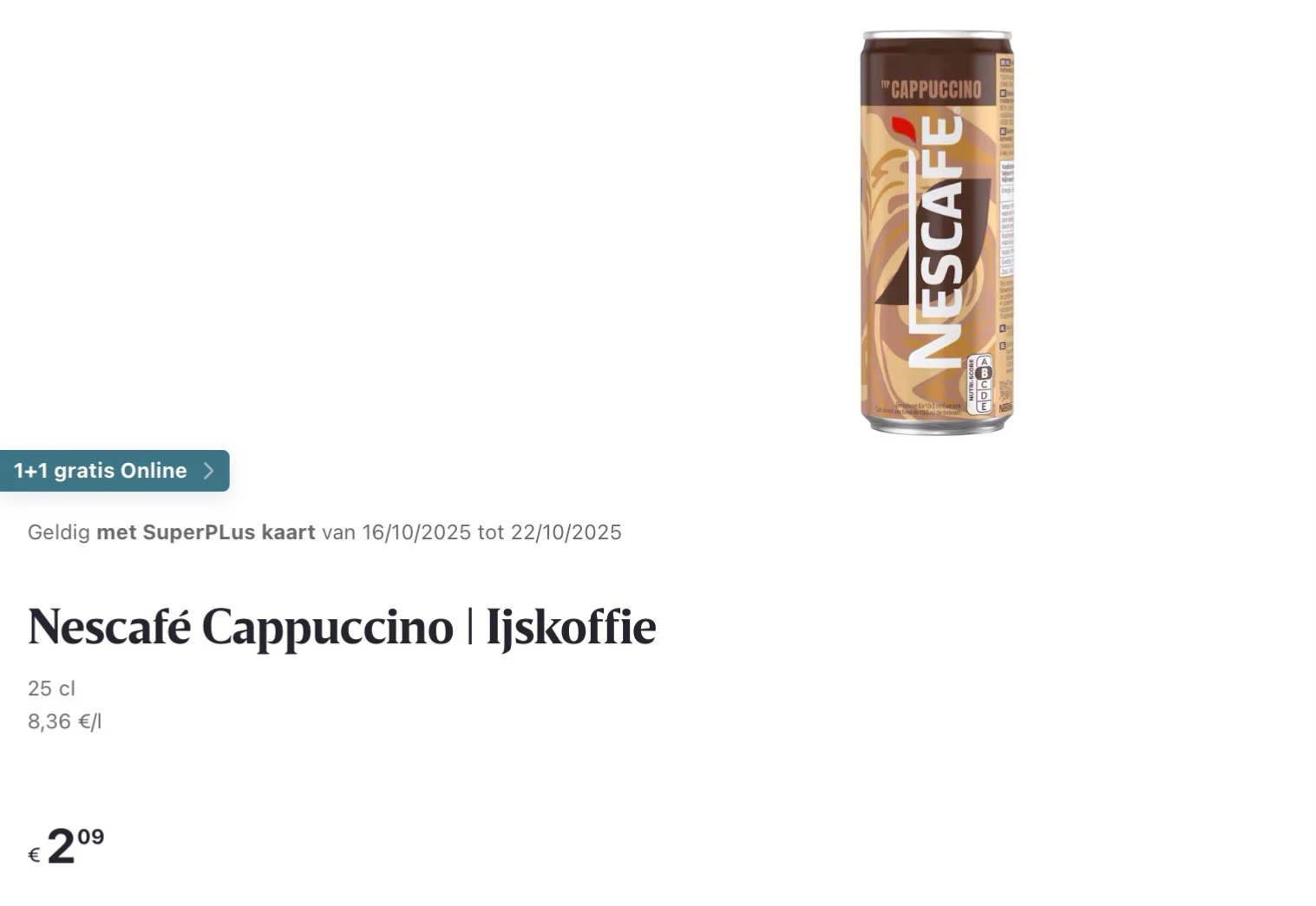 Nescafé ijskoffie cappuccino 1+1 gratis online deal bij Delhaize