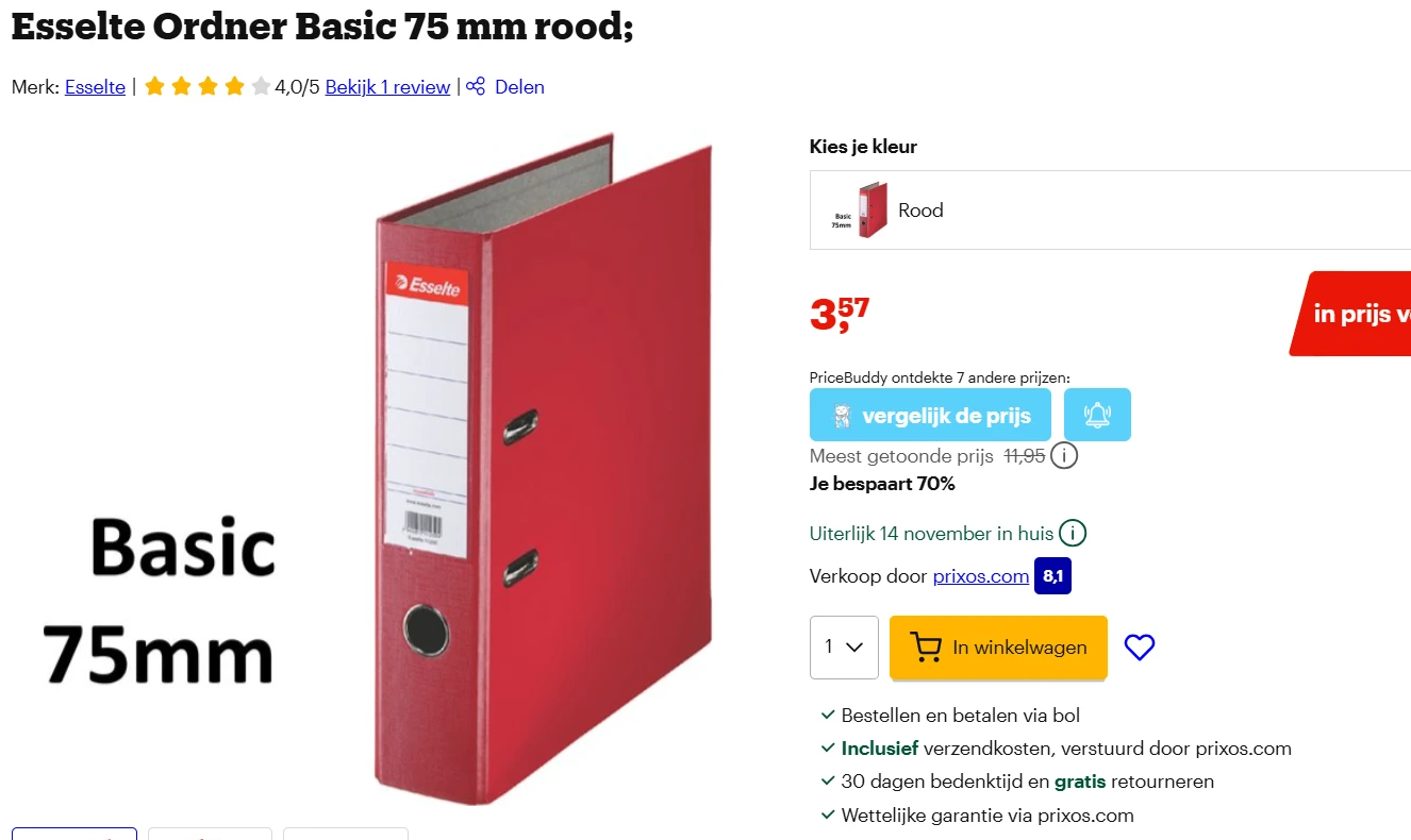 Esselte map 75mm rood voor 3.57€