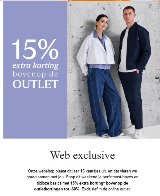 e5: 15% extra op de outlet (outlet tot -60%)