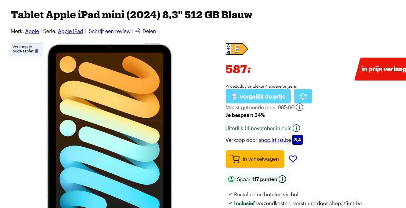 Tablet Apple iPad mini (2024) 8,3" 512 GB Blauw laagste prijs ooit -34%