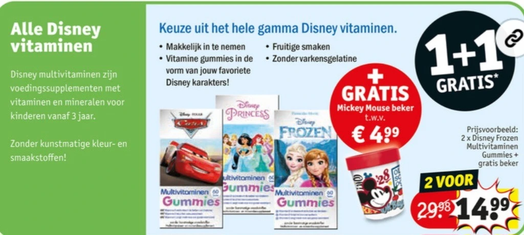 1+1 Disney vitaminen en gratis beker