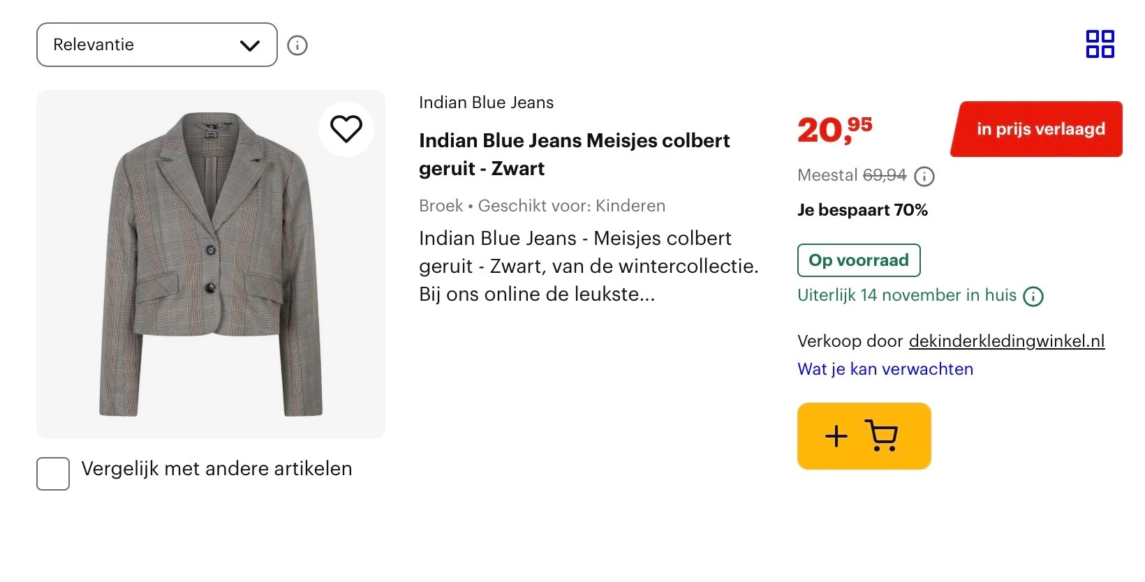 Indian Blue Jeans Meisjes colbert geruit - Zwart -70%