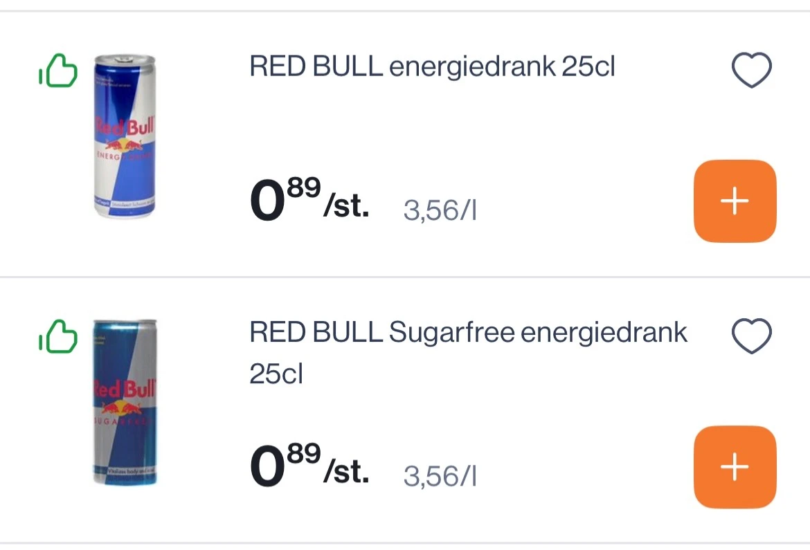 Red bul regular en zero 25 cl voor 0,89€