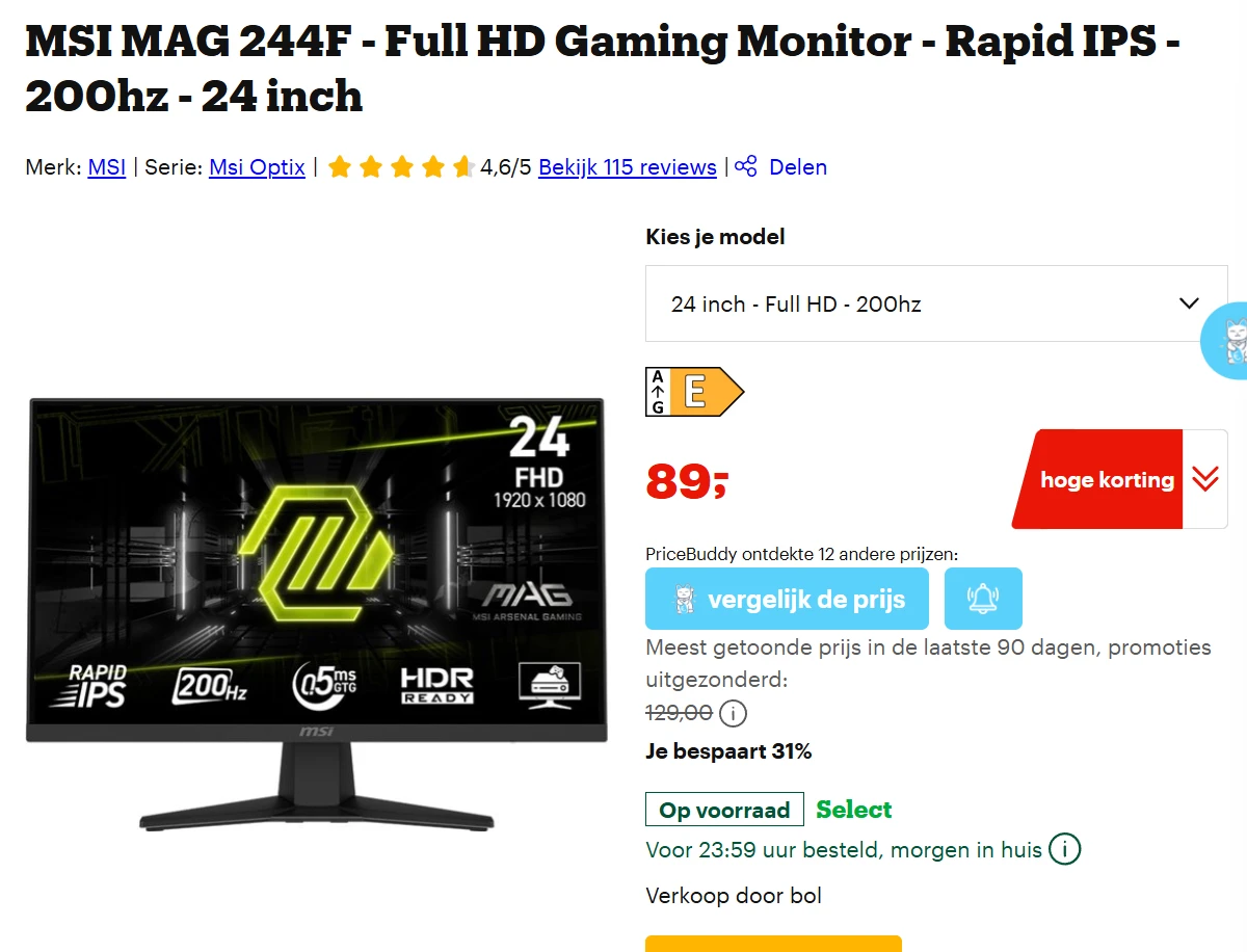 MSI MAG 244F - Full HD Gaming Monitor - Rapid IPS - 200hz - 24 inch
