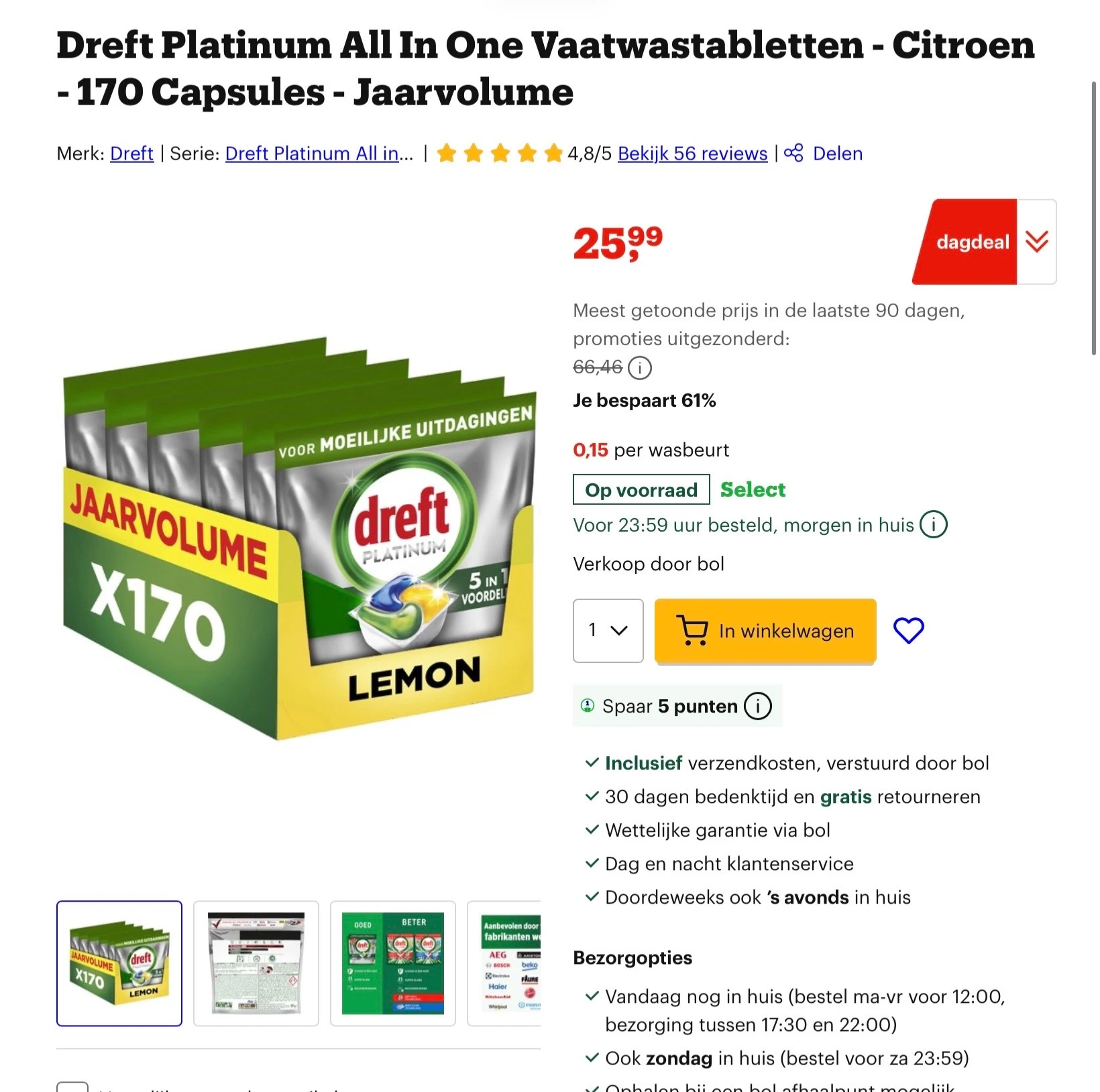 Dreft Platinum All In One Vaatwastabletten - Citroen - 170 Capsules €0,15 stuk