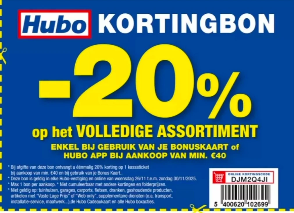-20% op het volledige assortiment bij Hubo