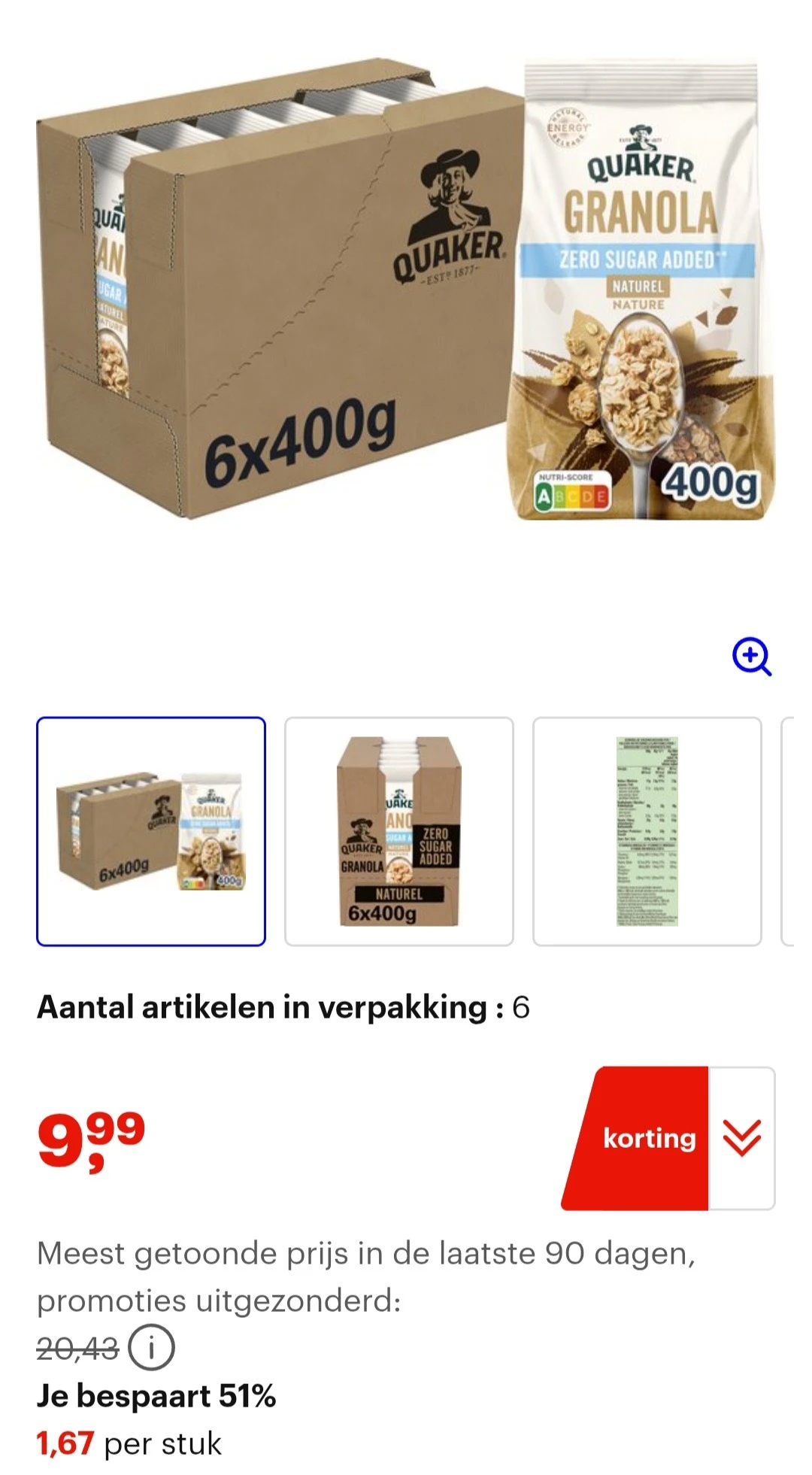 Quaker granola zero sugar 6x400g -51%