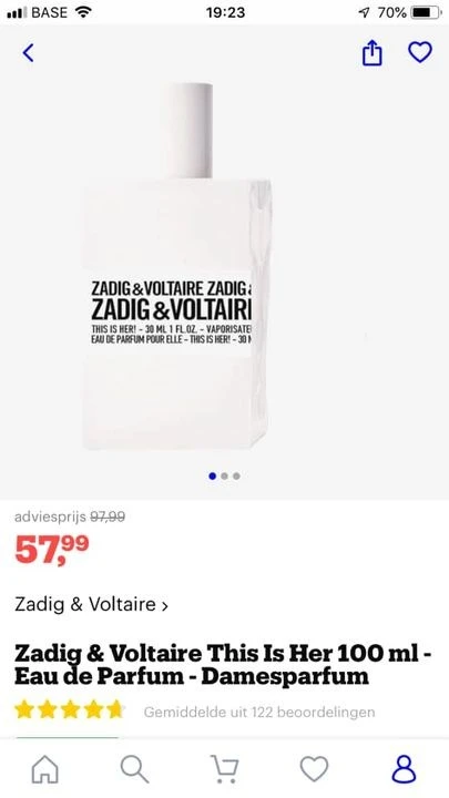 Op Bol.com €57,99 ipv €97,99 voor 100 ml eau...
