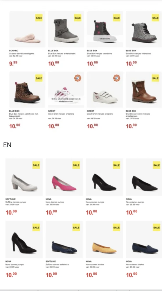 Bij Scapino zeer veel pumps, laarzen, pantoff...