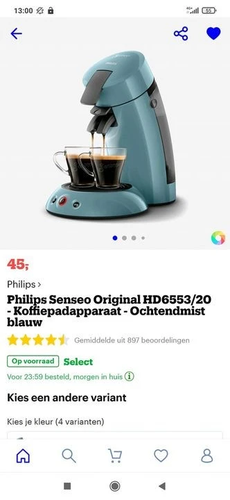 Nu op bol.com €45 voor de Philips Senseo orig...