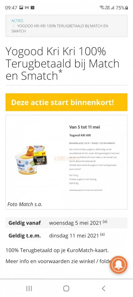 Yogood Kri kri 100% terugbetaald bij match en...