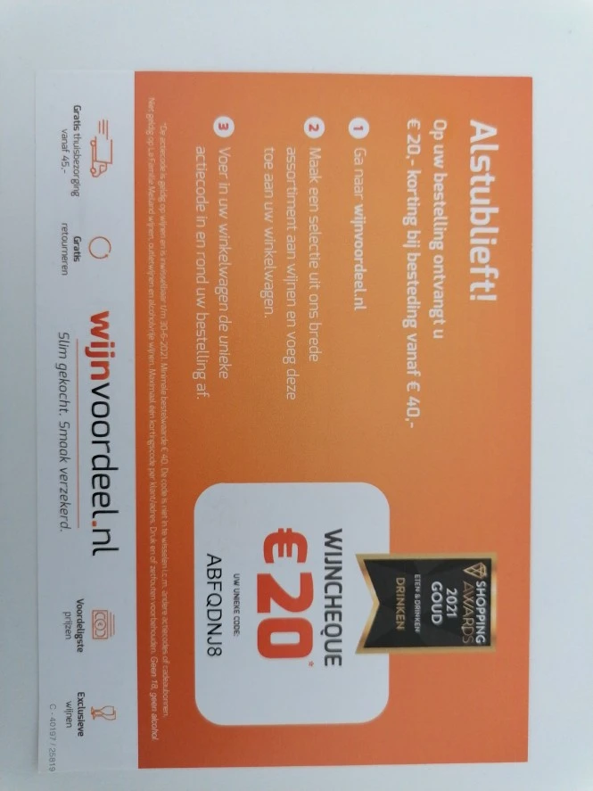Wijnvoordeel.nl €20 korting bij besteding van...