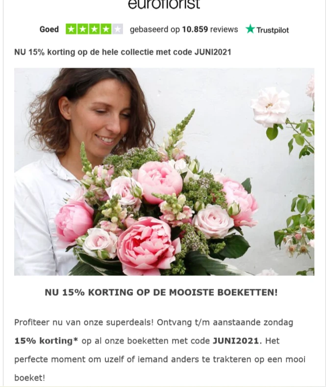 Bij Euroflorist krijg je met de code JUNI2021...