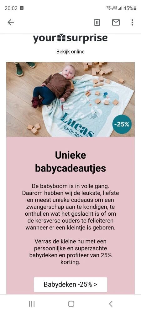 Bij your surprise nu 25% korting op babydeken...