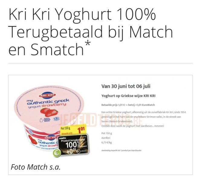 Kri Kri Yoghurt 100% terugbetaald bij Match....