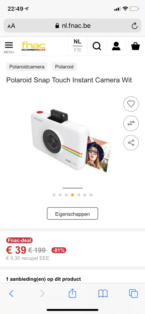 Bij Fnac Polaroid snap touch camera aan €39....