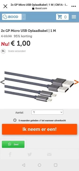 2 USB kabels voor € 1 bij iBOOD, 95% korting...
