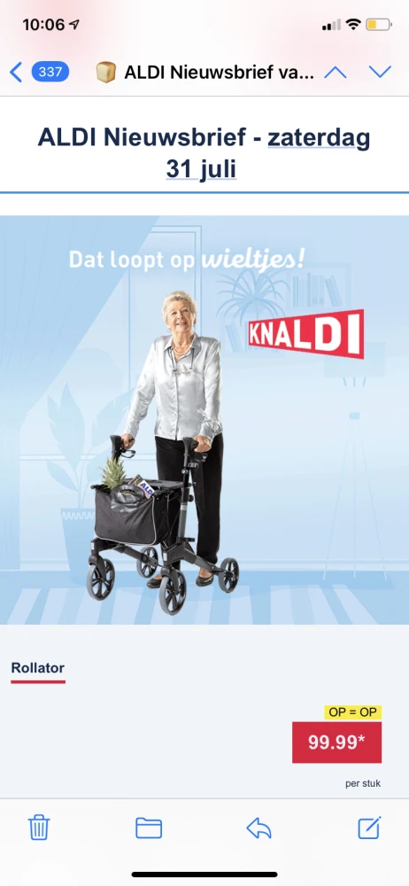 Vanaf morgen rollator bij Aldi voor €99,99. T...