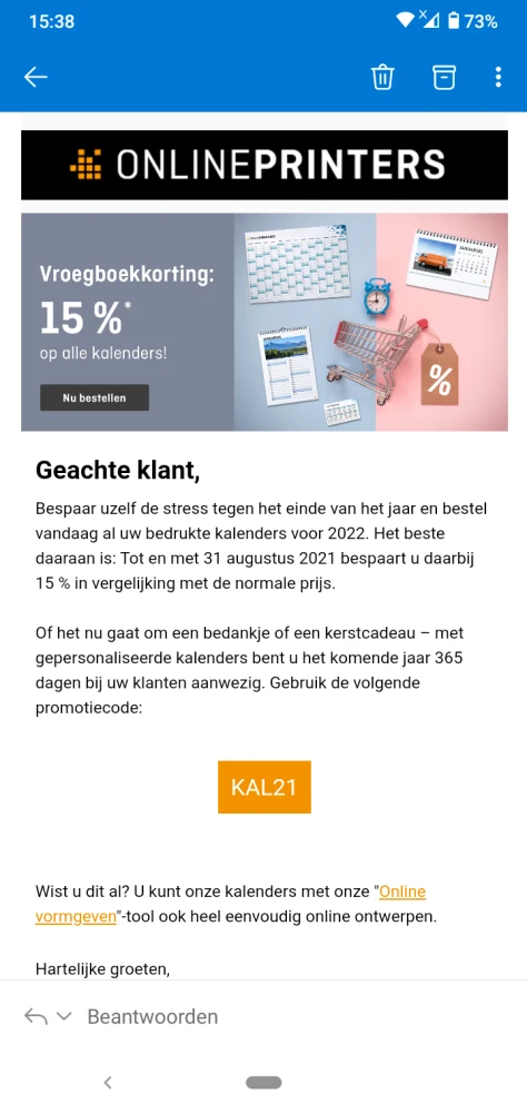 Bij Onlineprinters krijg je met de code KAL21...