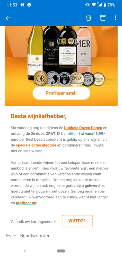 Bij Wijnvoordeel krijg je met de code WVTD21...