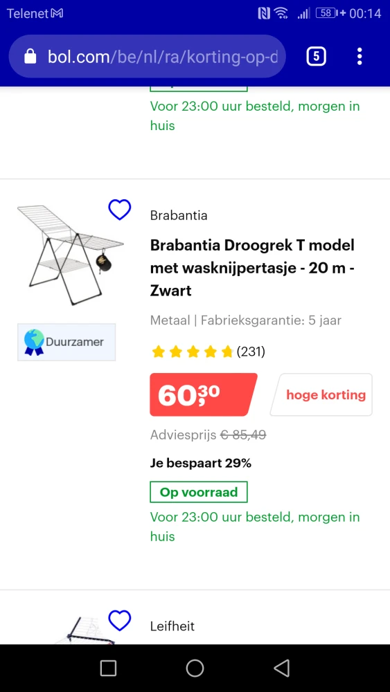 Brabantia droogrek t-model nu 60,3€ ipv 85,49...