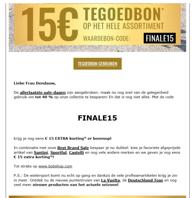 Bij Bobshop krijg je met de code FINALE15 kri...