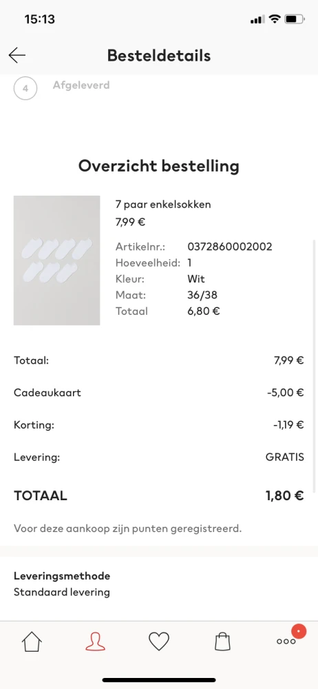 Sokken besteld bij H&M. Van €7,99 naar €1,80....
