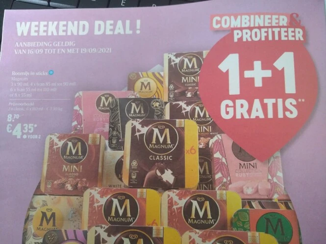 1+1 gratis magnum roomijs in sticks en 2+2 gr...