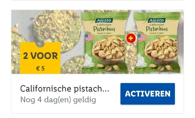 Lidl 2 voor €5 pistachnoten, 30% korting kip...